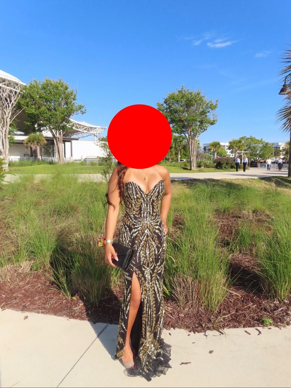 Strapless Black and Gold Sequin Evening Gown